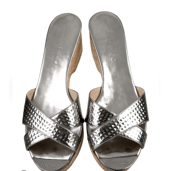 JIMMY CHOO SILVER METALLIC WEDGES